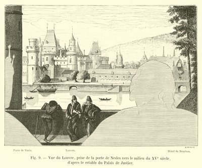 卢浮宫的视图，取自15世纪中叶的Porte de Nesles，来自Palais de Justice的祭坛画 作者 法语学校