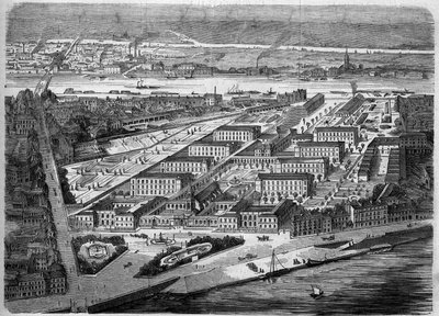 南特的迪厄酒店（Hotel-Dieu）的外景，1863年落成。这家医院在1943年的一次轰炸中几乎被完全摧毁。卢瓦尔河大区（44）。1863年12月5日在《世界画报》第347期上的版画。 作者 法语学校