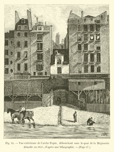 Popin落叶松的外观，于1840年在被拆毁的Megisserie码头下抛出; dapres一个石版画 作者 法语学校