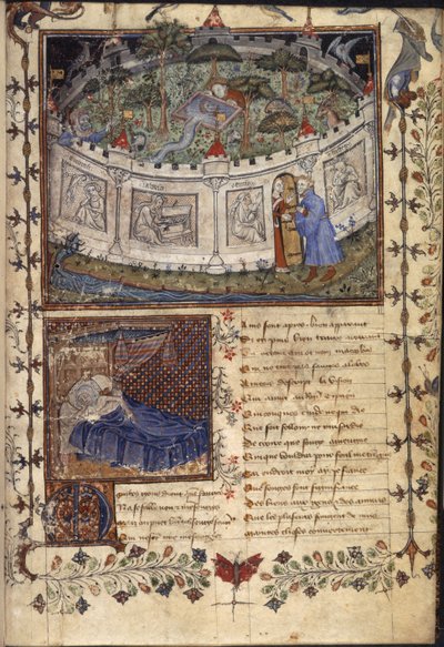 米斯爵士的围墙花园，选自《Le Roman de le Rose》，约 1400 年（牛皮纸）。 作者 法语学校
