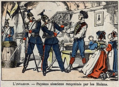 1870年法国和普鲁士之间的战争。阿尔萨斯的农民被胡兰人（Uhlans，Houlans）放逐到埃皮纳尔的画面。 作者 法语学校