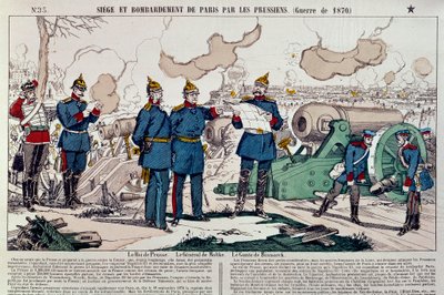 1870 年战争：普鲁士人围困并轰炸巴黎城。普鲁士国王威廉一世（1797-1888 年）、莫尔特克将军（1800-1891 年）和首相奥托-冯-俾斯麦（1815-1898 年）参谋。1870 年的版画。巴黎，卡纳瓦罗博物馆 作者 法语学校
