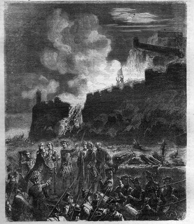 法国及其盟友西班牙和欧洲国家联盟之间的西班牙继承战争（1701-1714）。莫里斯-拉夏尔（Maurice Lachatre）的《历代教皇-资产-皇后和皇帝的历史》中的版画。 作者 法语学校