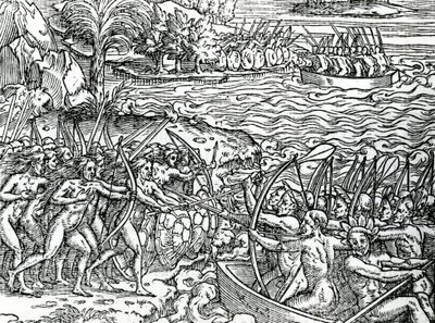 战争场面，巴西，插图来自“法国Antarctique的奇点”，作者：Andre de Thevet，1558年 作者 法语学校
