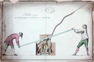用于灭火的水泵，18世纪中叶（纸上水彩）。 作者 法语学校