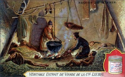 睡觉方式：在驯鹿皮和泡沫上搭上一层。 色谱法包装 Liebig。 作者 法语学校