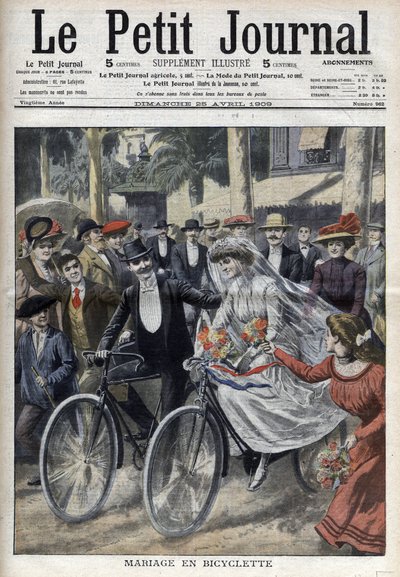 尼斯市政厅院子里的自行车婚礼，载于1909年4月25日的 "小报"（雕版）。 作者 法语学校