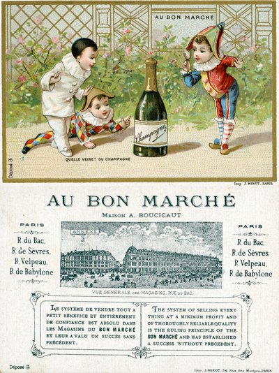 运气好！一瓶香槟;正面和反面的巴黎BonMarché百货商店的促销卡，c.1895 作者 法语学校