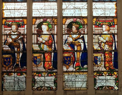 窗口描绘Jacques de Bourbon（1315-61）3月份的伯爵，Jeanne de Chatillon-Saint-Pol（d.1371）波旁的约翰一世（1361-94）和旺多姆伯爵夫人凯瑟琳 作者 法语学校