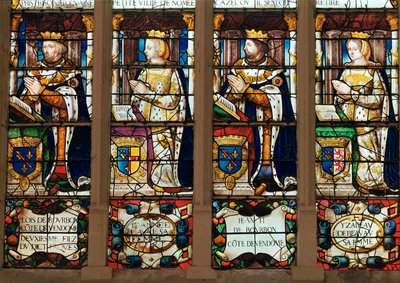 窗口描绘Louis de Bourbon（1376-1446）旺多姆伯爵，Jeanne de Laval（第1468页）Bourbon约翰二世（1446-77）Vendome abd Isabelle de Beauvau伯爵（1474） 作者 法语学校