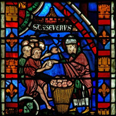 窗口w51描绘了St Sever向穷人分发食物 作者 法语学校