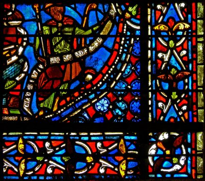 窗口w9描绘了法老拿着一个带有沙特尔的克莱门特（Clement of Chartres）字样的条形图（在约瑟夫窗口中） 作者 法语学校