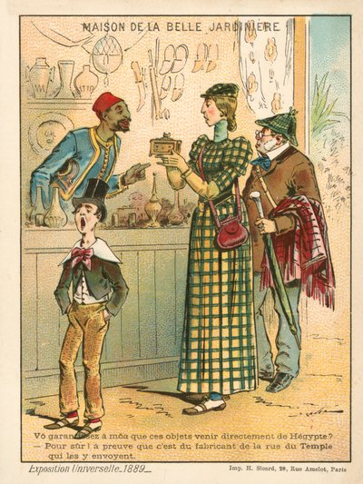 女人在检查埃及物品，1889 年世界博览会，巴黎（chromolitho） 作者 法语学校
