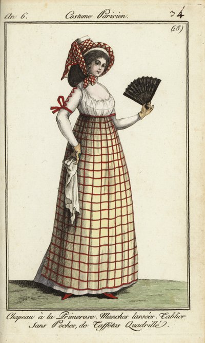 穿着1798年流行的Primerose帽子的女人（手绘铜版画）。 作者 法语学校