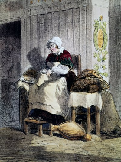 打开牡蛎的女人（ecailliere），来自《巴黎女人》系列的印刷品，法国 作者 法语学校