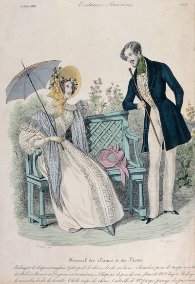 女人用伞和男人穿着连衣裙在花园里，时尚板从Journal des Dames et des Modes，1836年6月5日 作者 法语学校