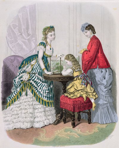 妇女和一个看着水族馆的孩子，来自LaModeIllustrée，1870年 作者 法语学校