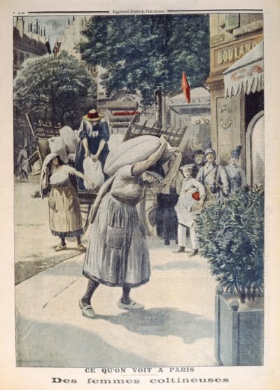妇女在第1次世界大战期间运载大袋面粉在巴黎，例证从Le Petit学报，1917年7月8日 作者 法语学校