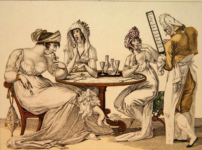 冰淇淋店中的妇女，板块4来自 "Le Bon Genre"，约1810年（彩色版画）。 作者 法语学校