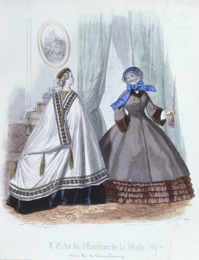 穿着斗篷和大衣的女性，来自Lecho du Moniteur de la Mode的时装板，1856-7 作者 法语学校