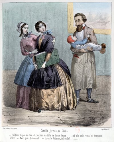1848年，妇女在去俱乐部时离开丈夫照顾孩子 作者 法语学校