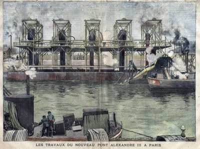 亚历山大三世桥在巴黎的作品。1898年4月在 "La petite Gironde "的雕刻。 作者 法语学校