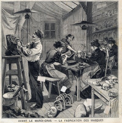 为狂欢节（Mardi-Gras）的伪装制造面具的车间。在1897年2月14日的 "小巴黎人 "中 作者 法语学校