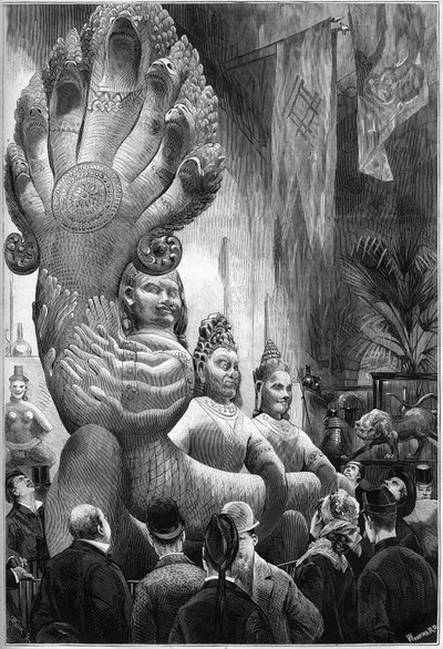 1878年巴黎世界博览会：柬埔寨巨人和多头蛇的雕像，由Delaporte代表团从柬埔寨报告，在Trocadero回顾性画廊展出。11月1日《世界画报》第1127期上的版画。 作者 法语学校