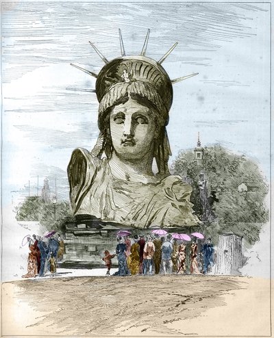 World Exhibition 1878 in Paris: the head of the Statue of Liberty by Frederic Auguste Bartholdi (1834-1904). Engraving by Edgard Morin in “” The Illustrous World”” n°1111 of 13 July 1878. 作者 法语学校