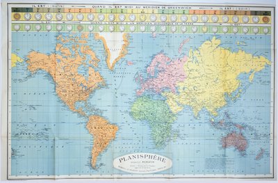 不同时区的世界地图，由Blondel La Rougery于1920年在巴黎出版 作者 French School