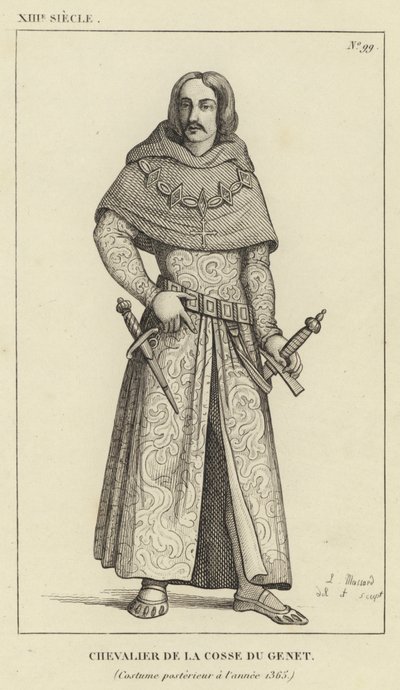 十三世纪，Cose du Genet 骑士，1365 年之后的服装（雕刻） 作者 法语学校