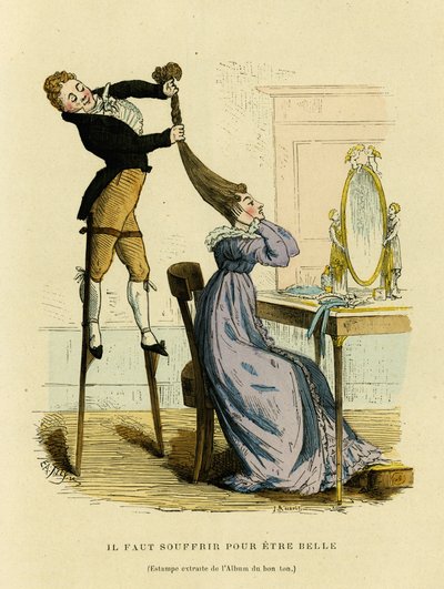 You have to suffer to be beautiful satirical drawing on which a hairdresser climbs on a scald to prepare a woman