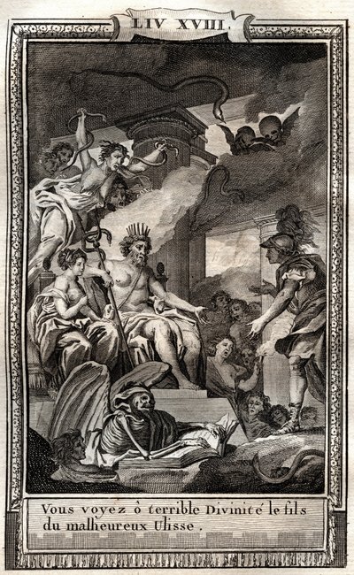You see o terrible divinite the son of the evil Ulisse - engraving of 1798 by Monnet in “Les Aventures de Telemaque, fils d