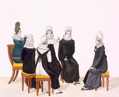 年轻女性聊天，c。 1820年（彩色雕刻） 作者 法语学校