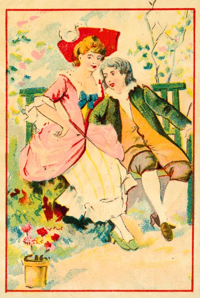 Young couple on a bench in a garden (chromolitho) 作者 法语学校