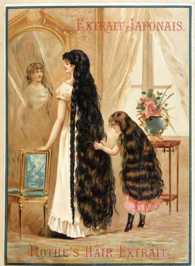 长发飘飘的年轻女子和她的小女孩--日本美发精华产品 Rothe