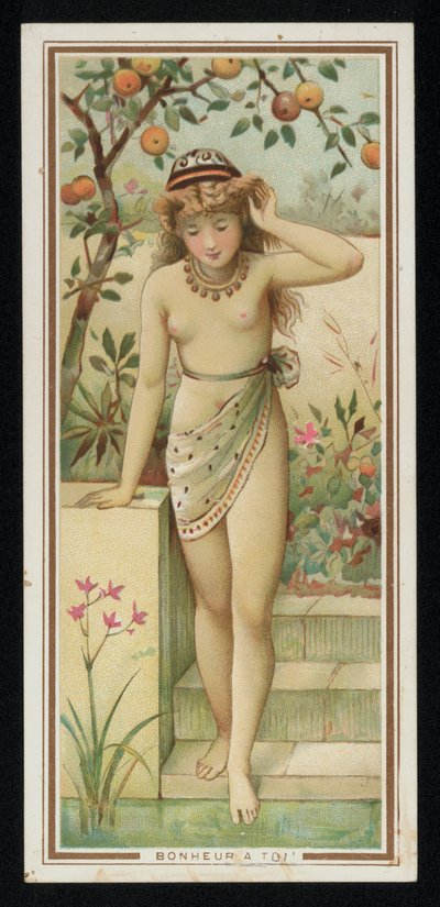 年轻女子在花园里，问候卡。(chromolitho) 作者 法语学校