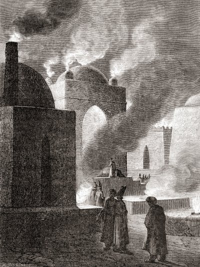 阿塞拜疆巴库火神庙的祆教火崇拜者，来自“Les Merveilles de la Science”，出版于 1870 年（版画） 作者 法语学校