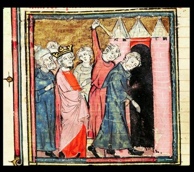 f.86v查尔斯·马特尔（Charles Martel）负责惩罚和驱逐两名男子，他们来自1375-79岁的Grandes Chroniques de France 作者 法语学校
