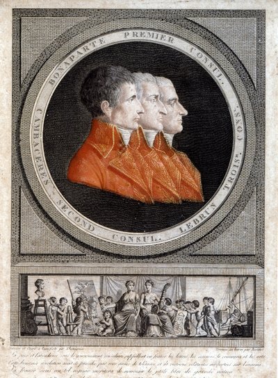 拿破仑-波拿巴（1769-1821）、让-雅克-雷吉斯（Jean-Jacques-Regis）-德-坎巴塞雷斯（1753-1824）和查尔斯-弗朗索瓦-勒布伦（1739-1824）三位执政官的画像" 作者 法语学校