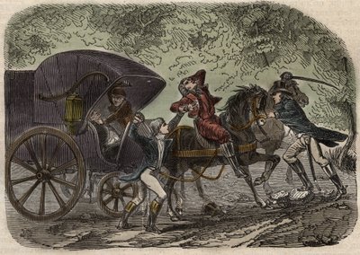 里昂邮递事件 - Affaire du courrier de Lyon - la malle-poste est attacked en Seine et Marne by 5 individuals on 28 April 1796 - Engraving in "Cause celebres de tous les peuples" by Armand Fouquier (1817-18?) 1858-1867 - private collection 作者 法语学校