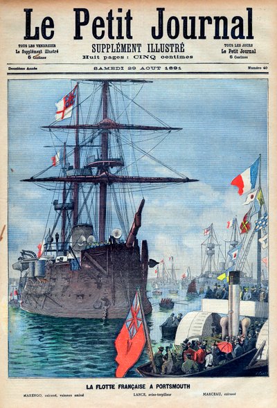朴茨茅斯的法国舰队：旗舰 "Marengo "号，鱼雷 "Lance "号和战舰 "Marceau "号，1891年8月29日《小报》的头版（雕刻）。 作者 法语学校