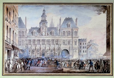 1789年7月14日格雷夫广场的景色 1789年法国大革命期间，巴黎的格雷夫广场（现在的维尔酒店所在地）于1789年7月14日，即攻占巴士底狱的日子。匿名水彩画 作者 法语学校