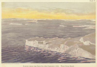 流冰中的傍晚，1893 年 9 月 22 日，水彩素描（彩色石版画） 作者 弗里德约夫·南森