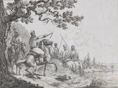 哥萨克人沿着河岸骑马，1814年。 作者 弗里德里希·奥古斯特·德拉贝尔
