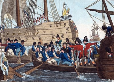 拿破仑波拿巴作为英国囚犯于 1815 年 8 月 8 日从贝勒罗丰被带到诺森伯兰郡 - Campe, August Friedrich Andreas (1777-1846) - 蚀刻，水彩 - 21,6x26,8 - 私人收藏 作者 弗里德里希·坎普