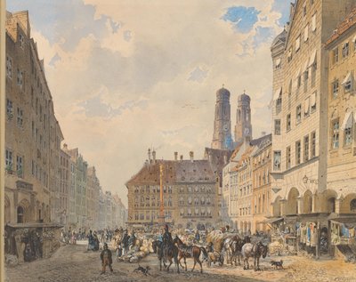 以圣母教堂为背景的慕尼黑玛丽恩广场 作者 弗里德里希·艾伯纳