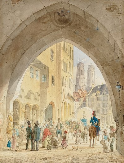 慕尼黑-圣母教堂的塔从旧市政厅的视图。 1849年 作者 弗里德里希·艾伯纳