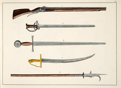 武器，包括剑和长矛，c.1400，由发展历史和侠义风俗的板块，由Franz Kottenkamp博士发表，由Carl Hoffmann出版，1842年 作者 弗里德里希·马丁·冯·赖比施