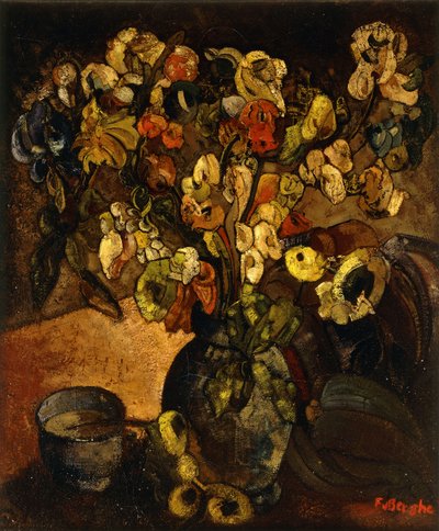 静物与花和碗； Nature Morte avec Fleurs et Bol-《静物与花和杯》，c。 1914年（布面油画） 作者 Frits van den Berghe